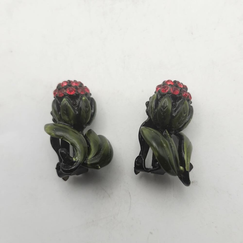 Vintage Black Enamel Tulip Flower Clip On Earrings Red Rhinestone Green Leaves